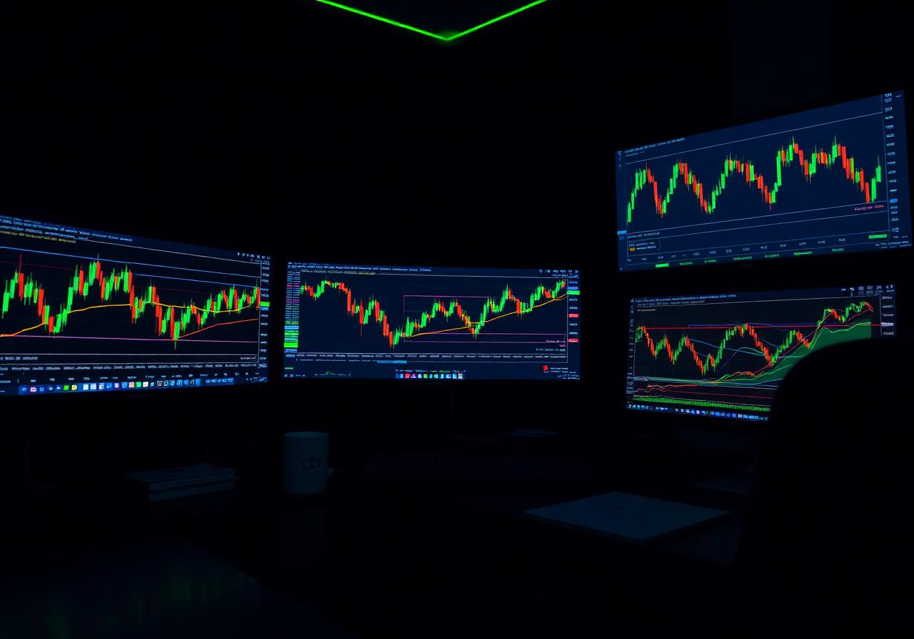 Setup profissional de trader com múltiplos monitores e gráficos